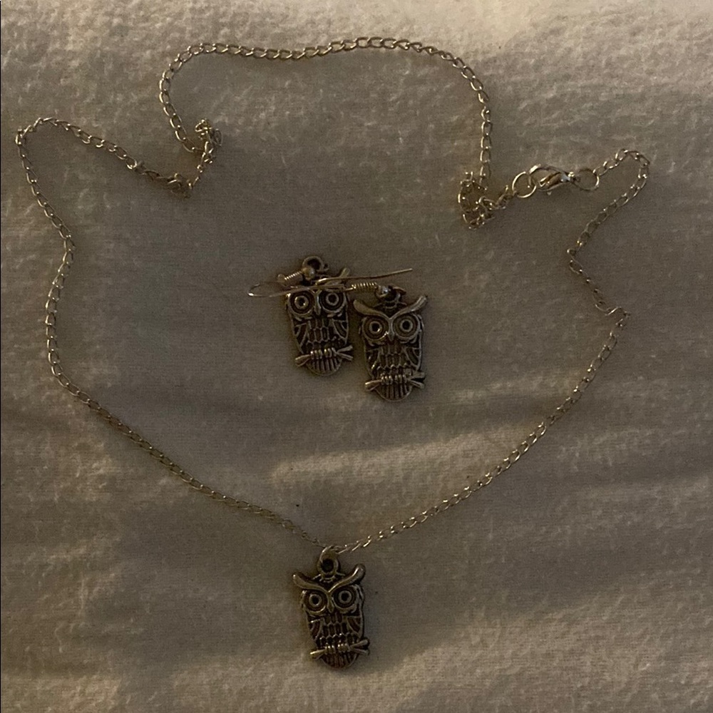 Silver Owl Pendant Necklace and Earring Set